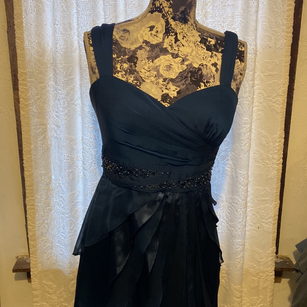 Adrianna Papell Beads Tiered Chiffon Evening Gown Sz 8 Prussian Blue Prom Dress - Picture 5 of 16